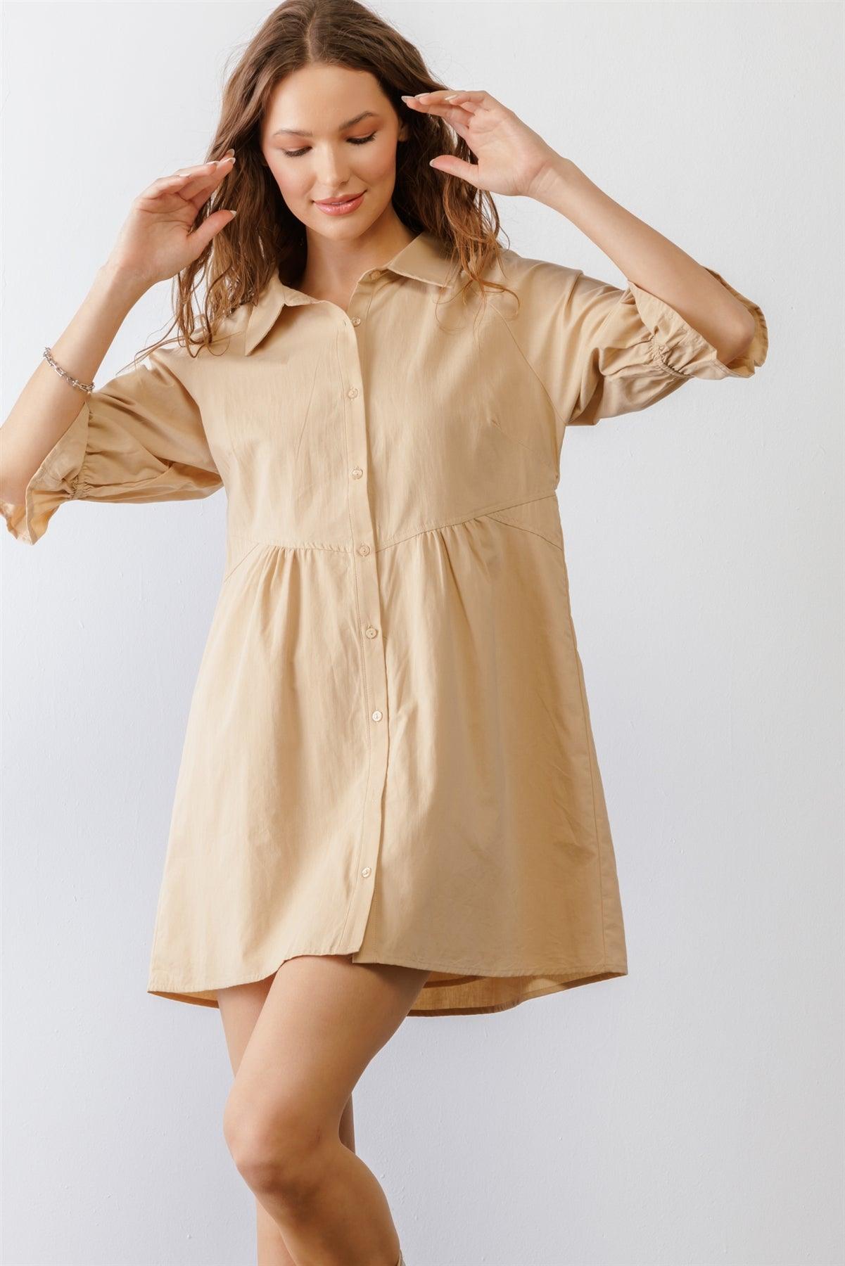 Taupe Cotton Button-Up Collared Neck Mini Dress /1-2-2-1