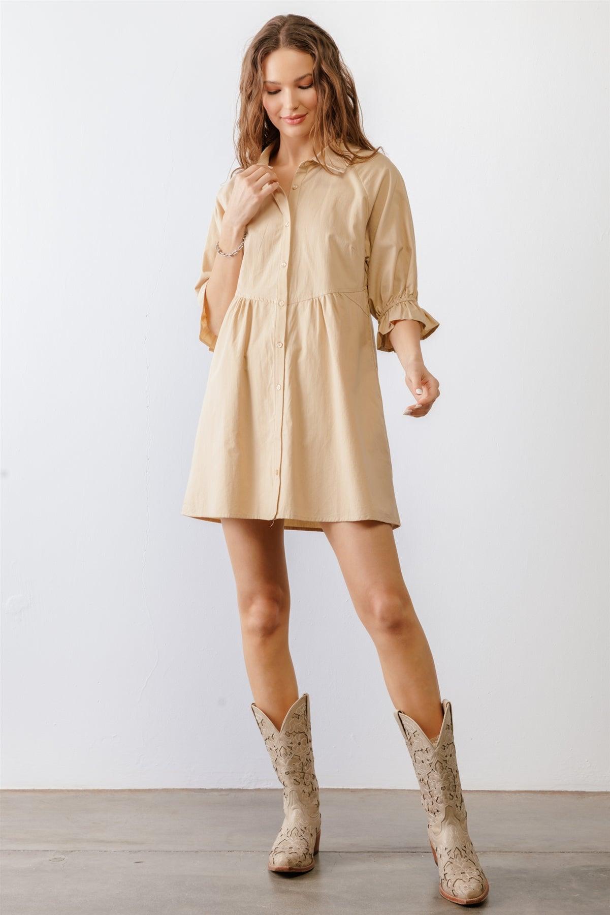 Taupe Cotton Button-Up Collared Neck Mini Dress /1-2-2-1