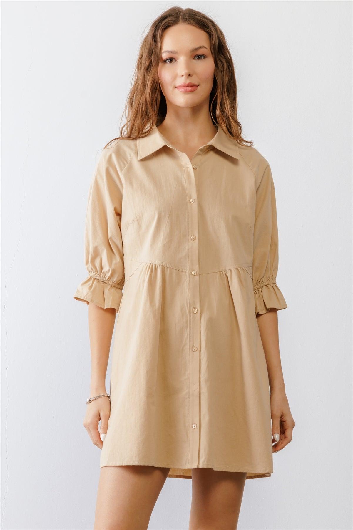 Taupe Cotton Button-Up Collared Neck Mini Dress /1-2-2-1