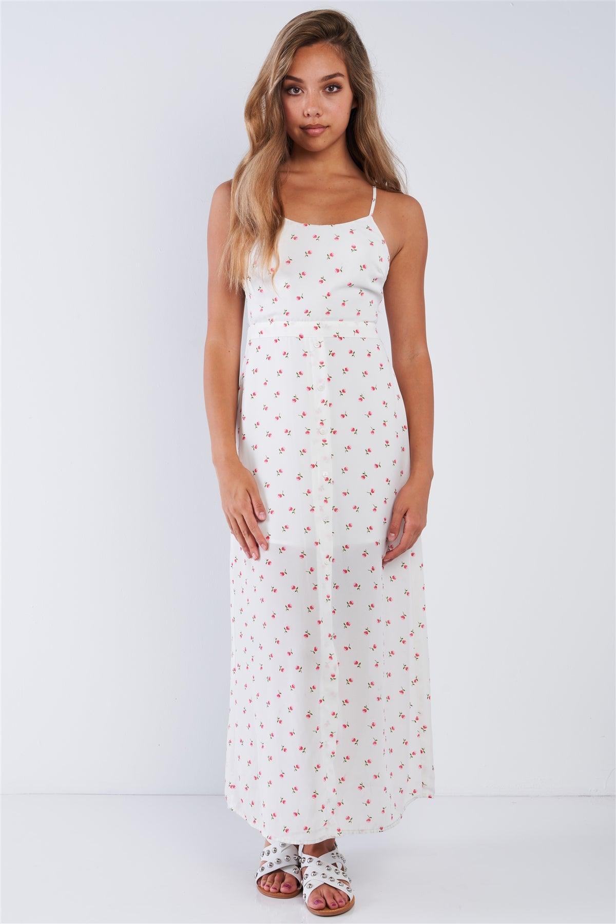 White Chiffon Rose Print Cami Strapped Self Tie Maxi Dress /3-2-1