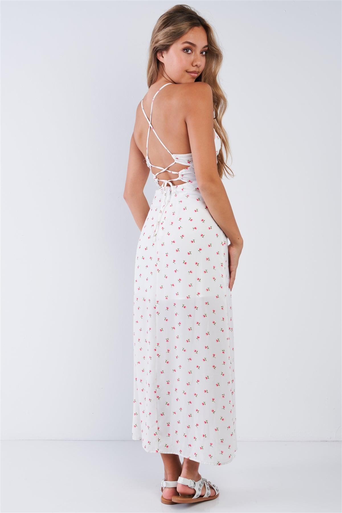 White Chiffon Rose Print Cami Strapped Self Tie Maxi Dress /3-2-1