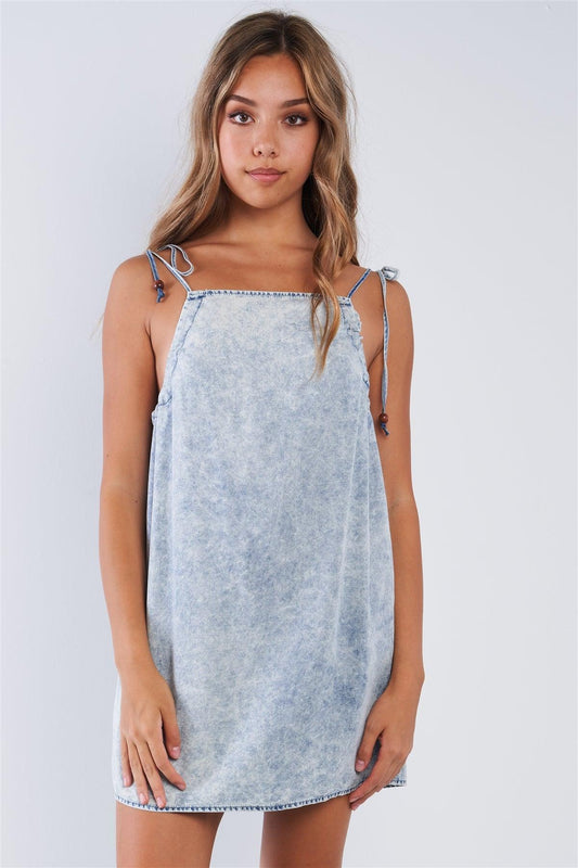 Sleeveless Acid Washed Denim Square Neck Draw String Strap Mini Sun Dress /3-2-1