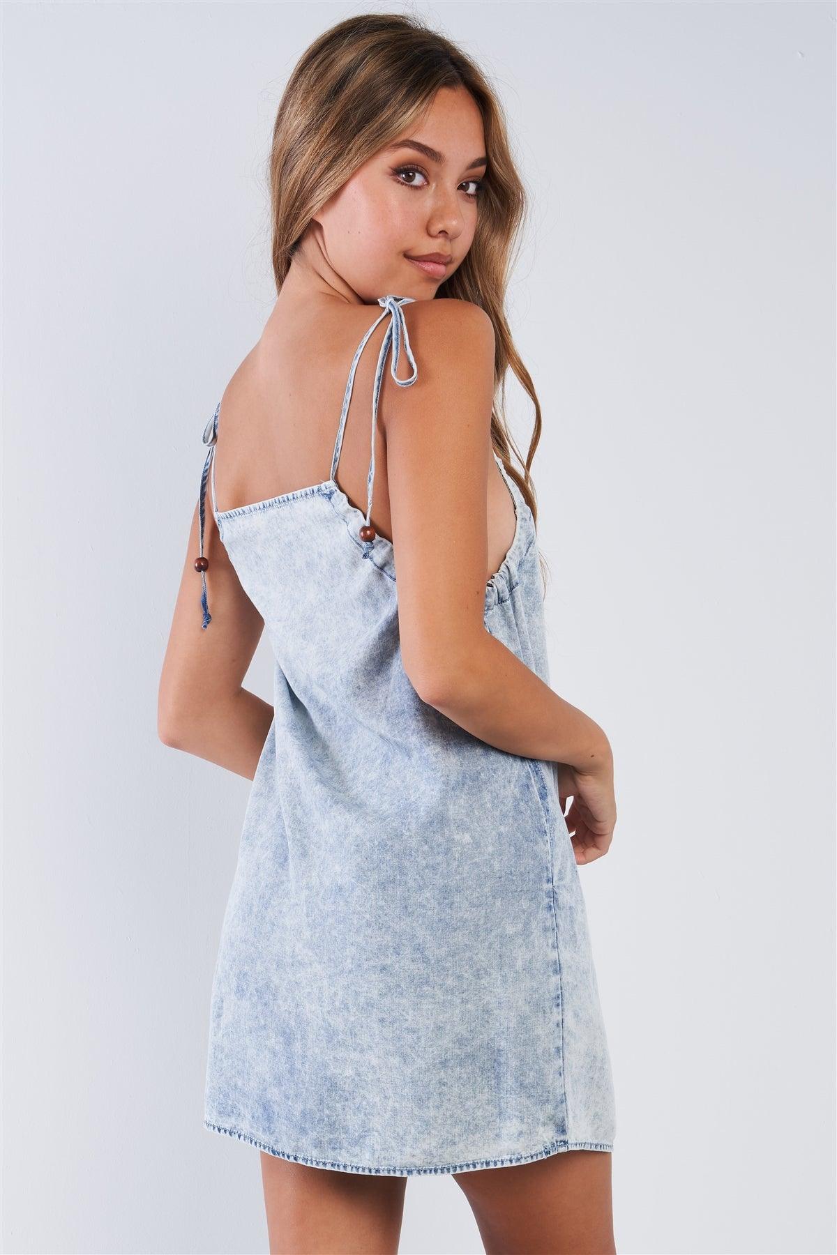 Sleeveless Acid Washed Denim Square Neck Draw String Strap Mini Sun Dress /3-2-1