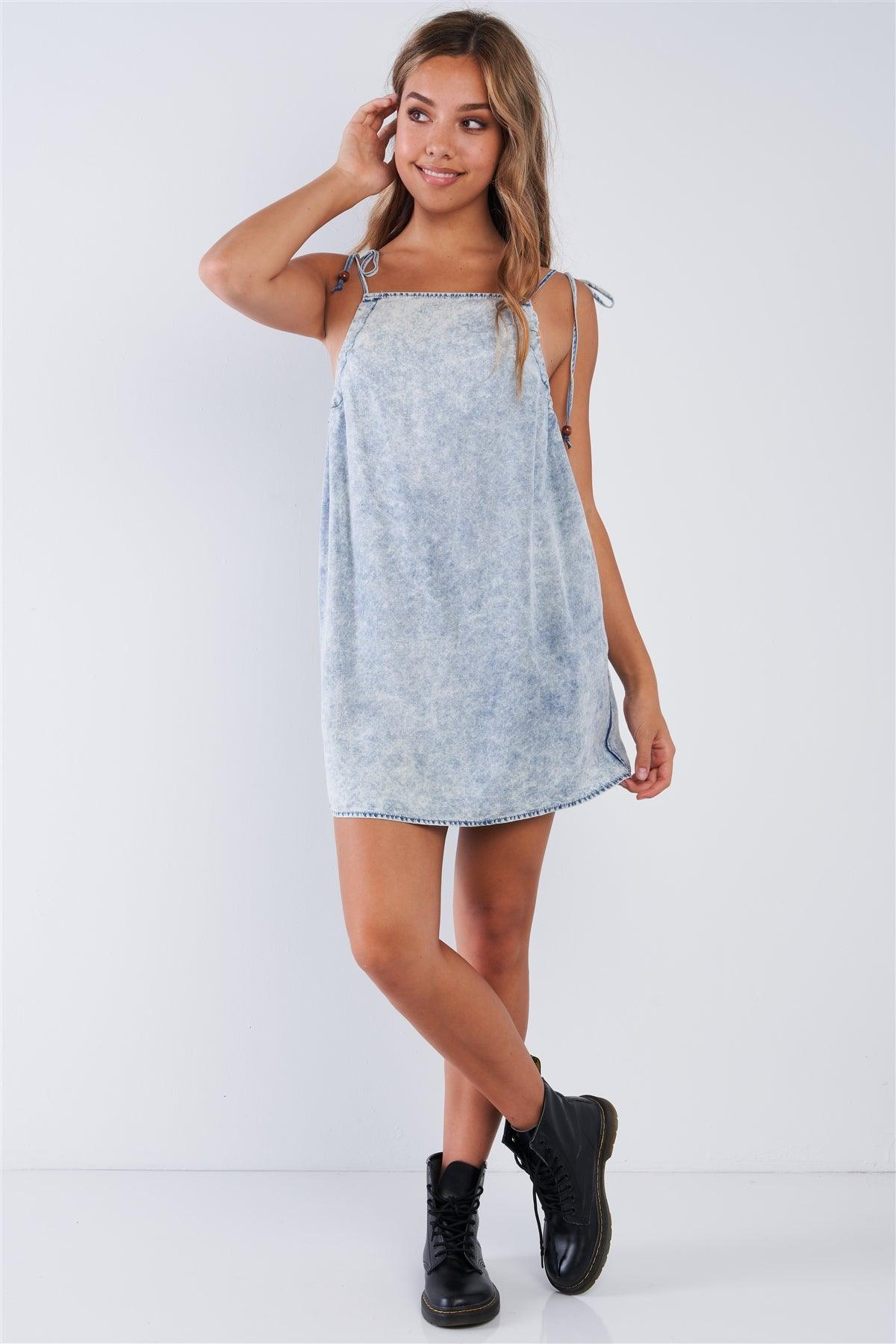 Sleeveless Acid Washed Denim Square Neck Draw String Strap Mini Sun Dress /3-2-1