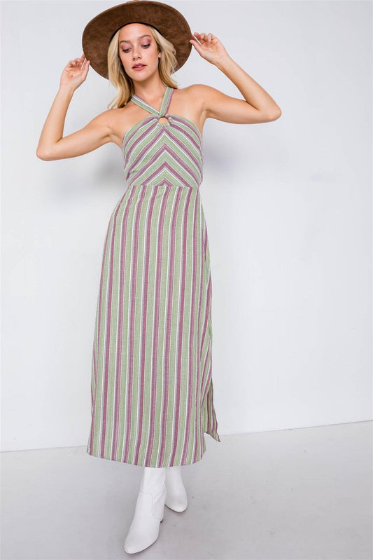 Green Multi Stripe Wooden Center Cut Out Halter Maxi Dress /3-2-1