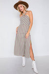 Green Multi Stripe Wooden Center Cut Out Halter Maxi Dress /4-2-1