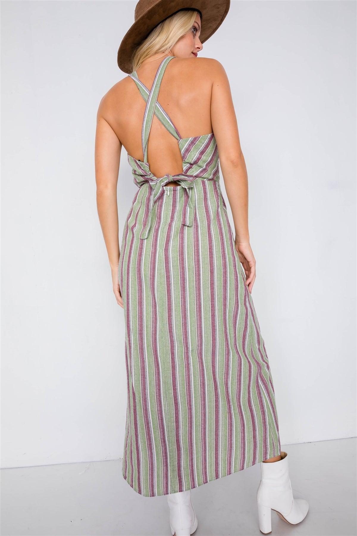 Green Multi Stripe Wooden Center Cut Out Halter Maxi Dress /4-2-1