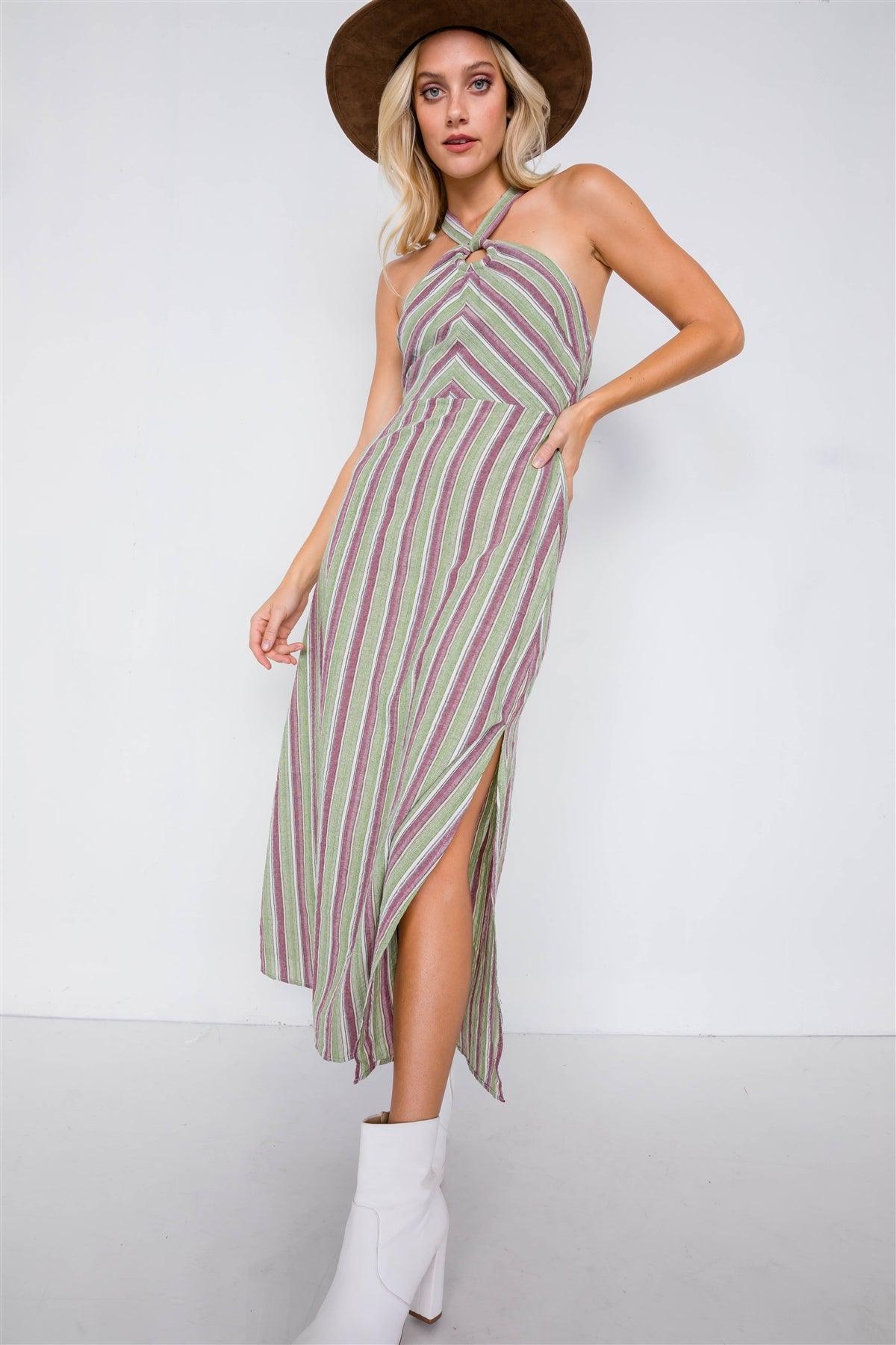 Green Multi Stripe Wooden Center Cut Out Halter Maxi Dress /4-2-1