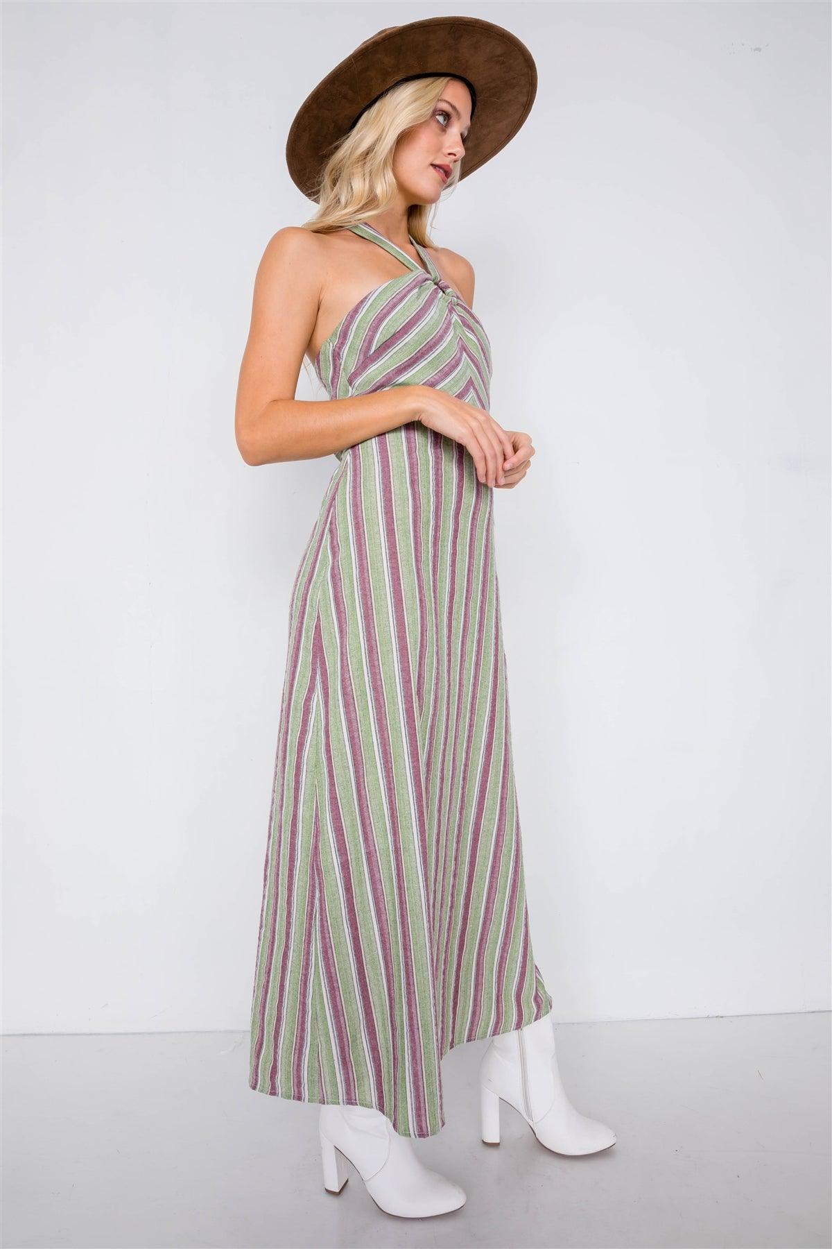 Green Multi Stripe Wooden Center Cut Out Halter Maxi Dress /4-2-1