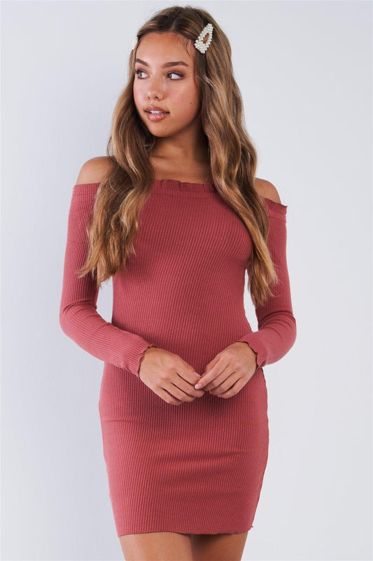 Mauve Ribbed Long Sleeve Mini Length Off The Shoulder Dress /3-2-1