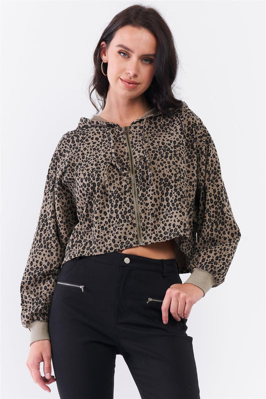 Olive & Black Leopard Print Front Zip-Up Detail Balloon Sleeve Hooded Crop Sweatshirt /3-2-1