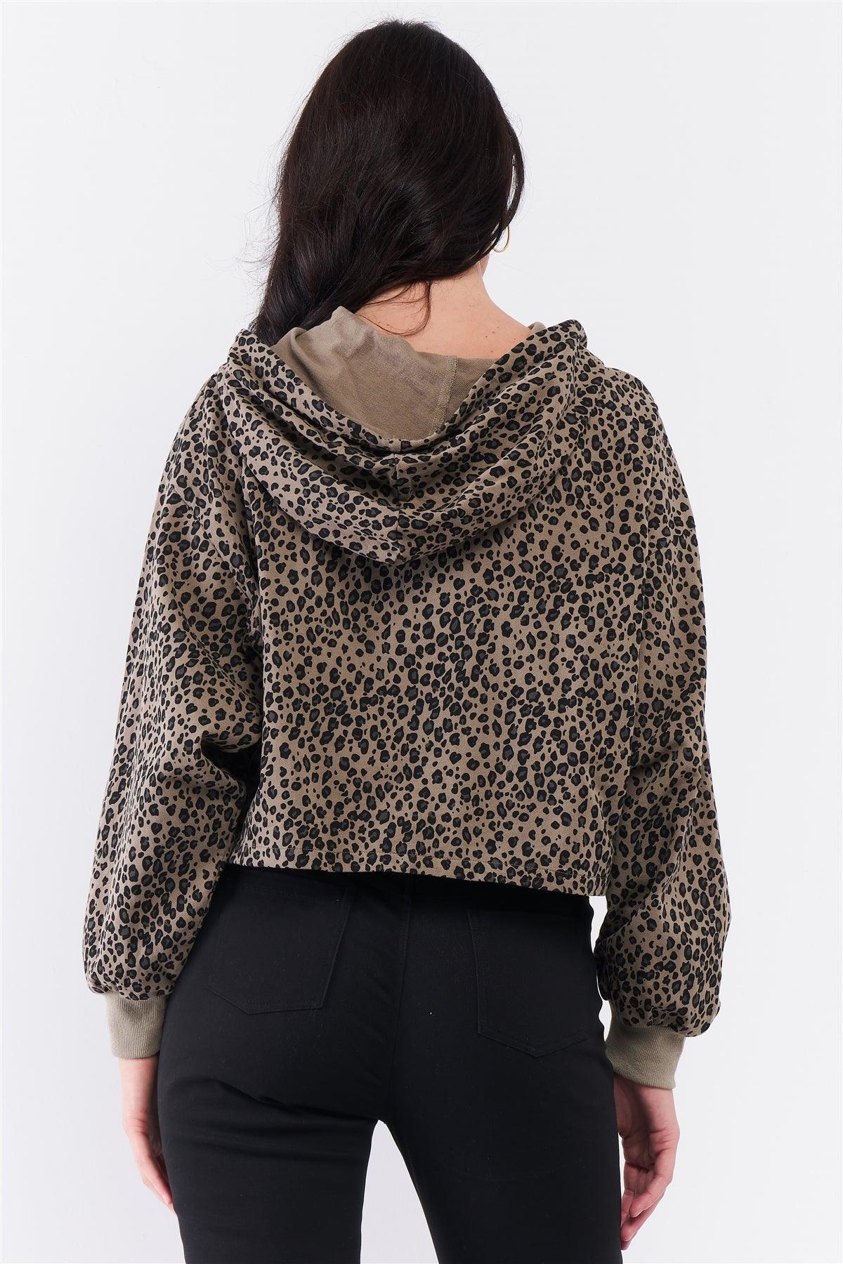 Olive & Black Leopard Print Front Zip-Up Detail Balloon Sleeve Hooded Crop Sweatshirt /3-2-1