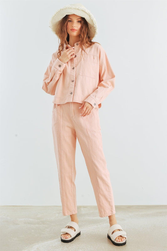 Blush Denim Cotton Button-Up Collared Neck Jacket & High Waist Pants Set /2-2-2