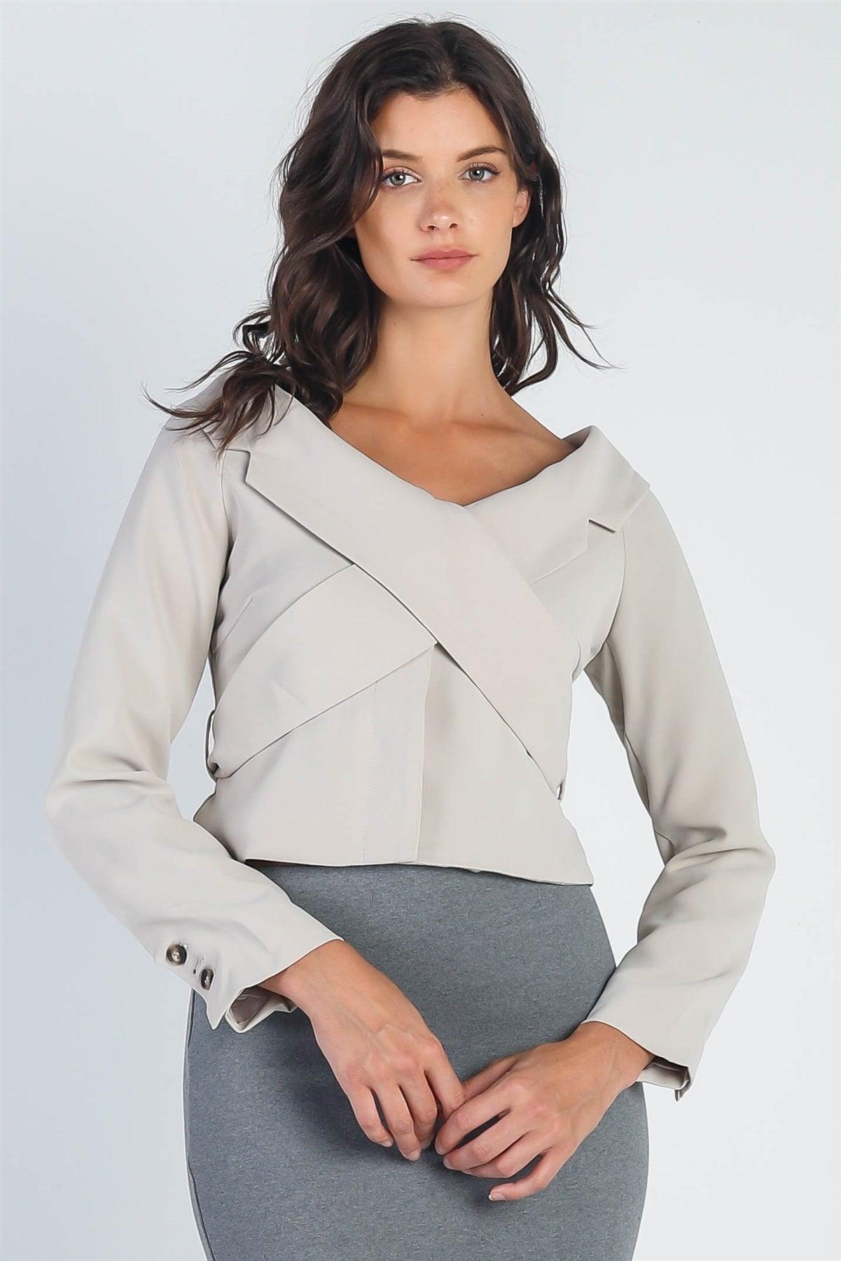 Light Grey Button Up Collared Back Tie Crop Jacket /2-2-1