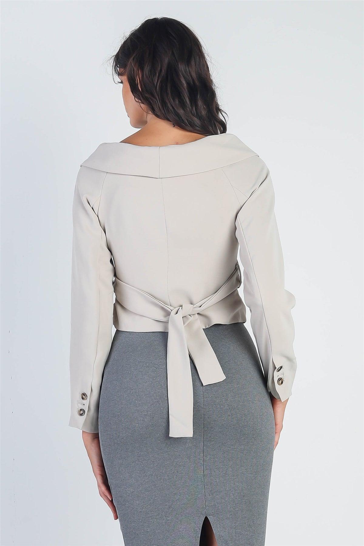 Light Grey Button Up Collared Back Tie Crop Jacket /2-2-1