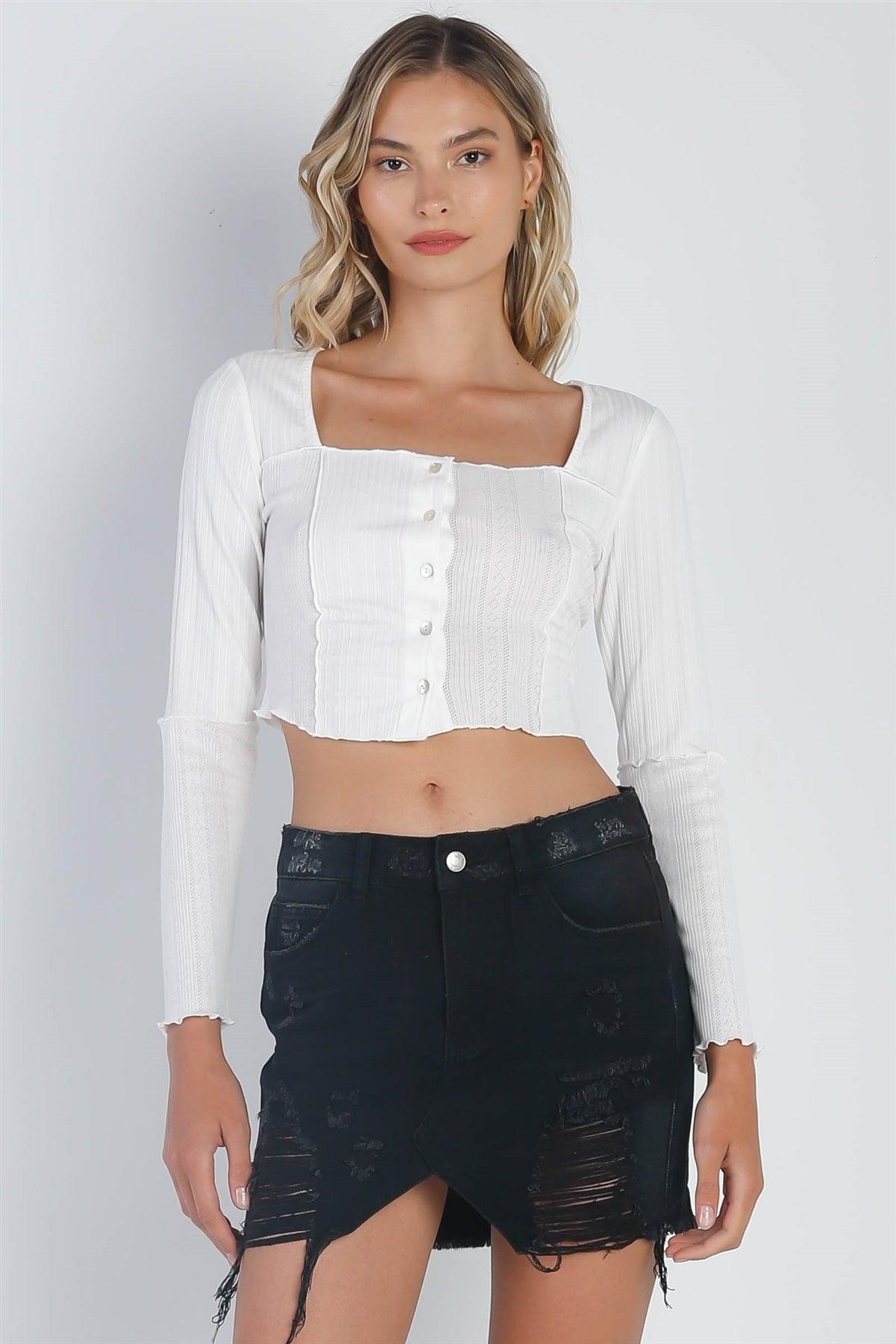 White Embroidery Stitch Button Up Square Neck Crop Top /3-2-1