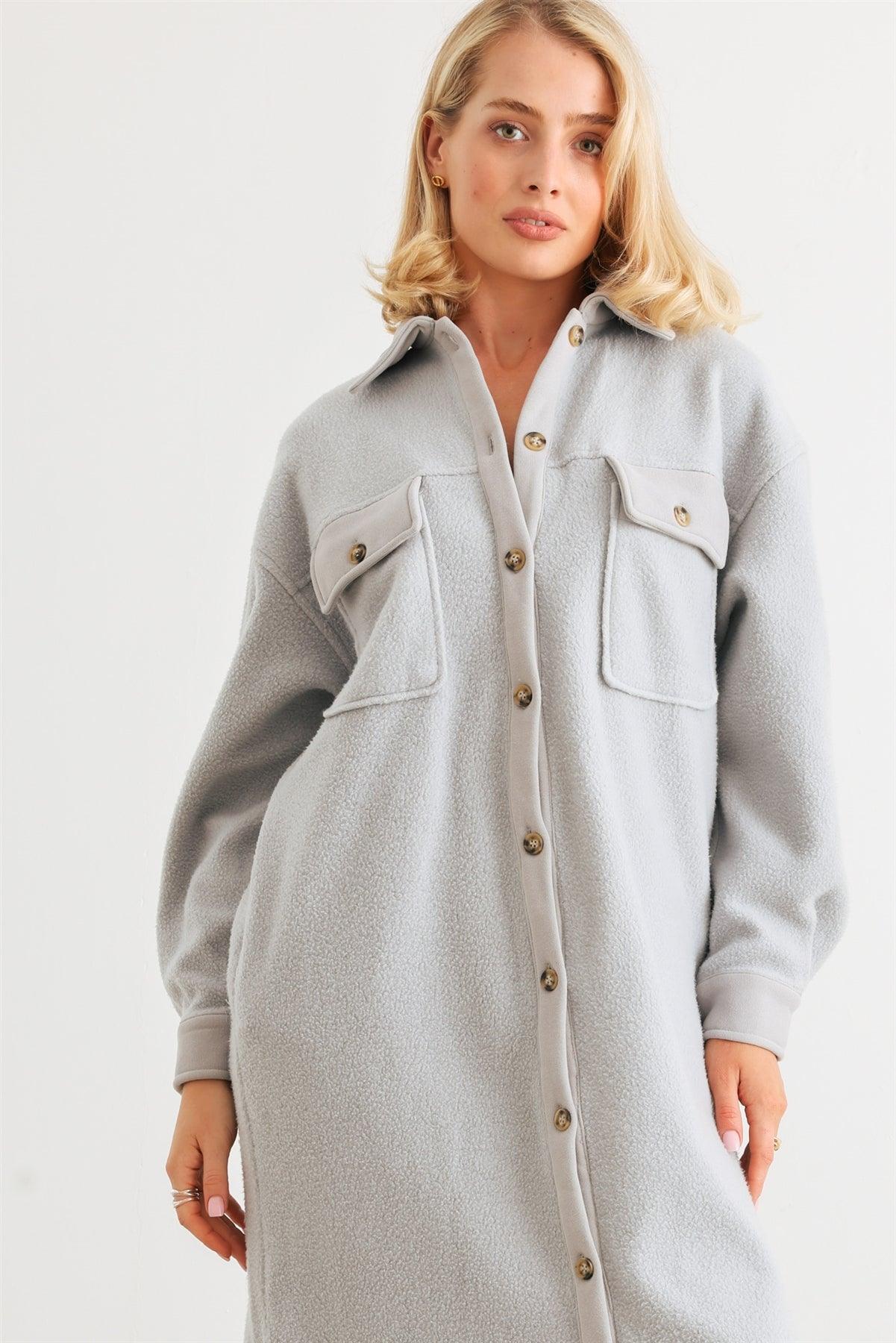 Light Blue Cotton Blend Button-Up Four Pocket Collared Neck Long Sleeve Coat /1-2-2-1