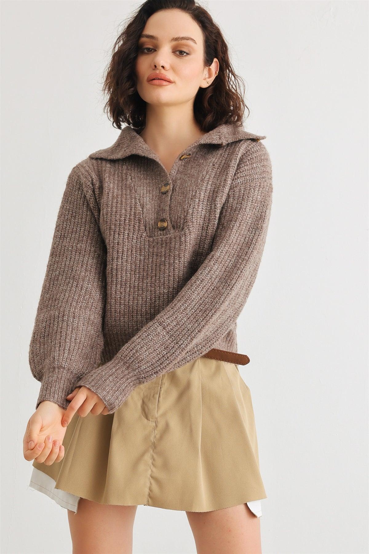 Brown Wool Knit Button-Up Neck Crop Sweater Pullover /2-2-1