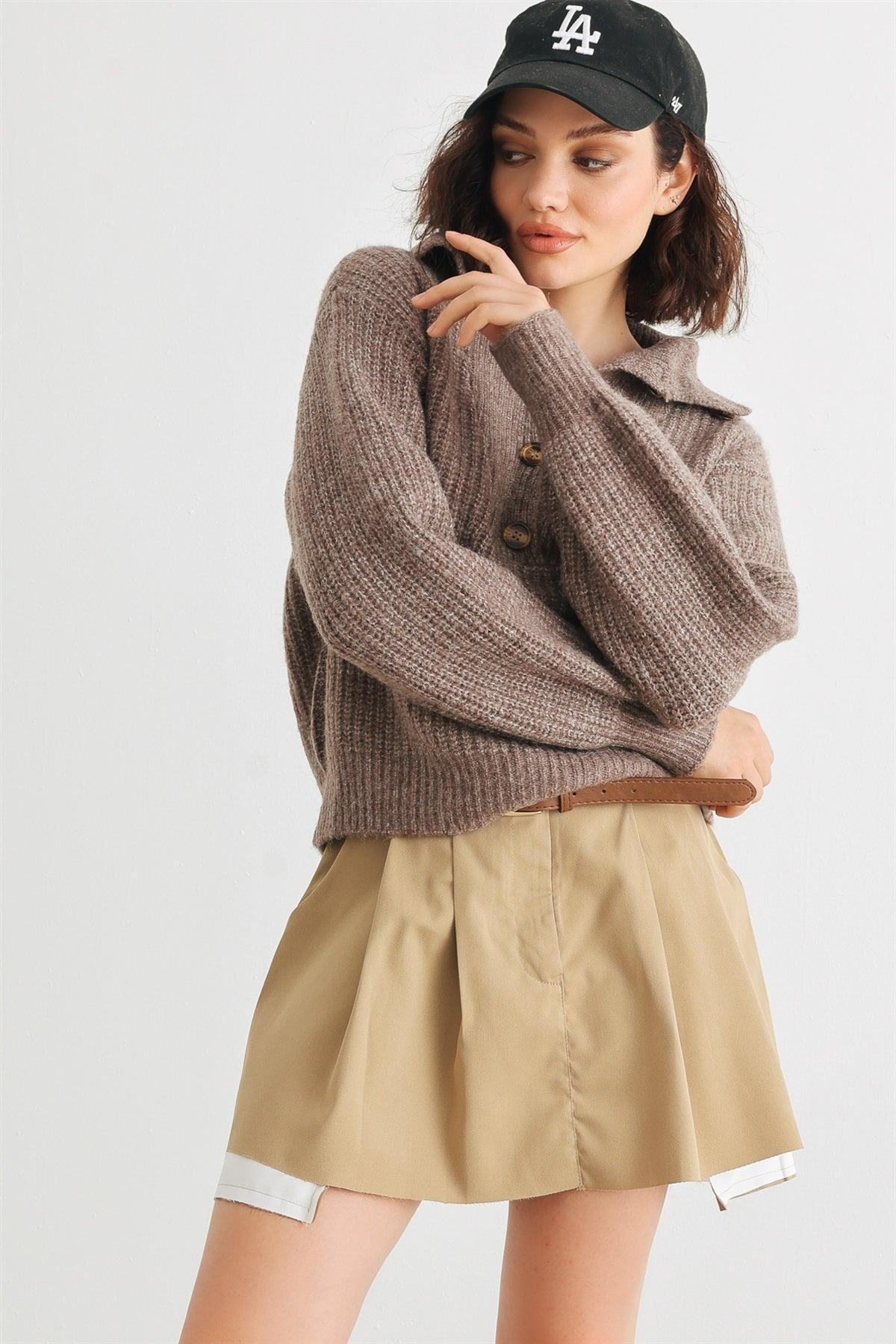 Brown Wool Knit Button-Up Neck Crop Sweater Pullover /2-2-1