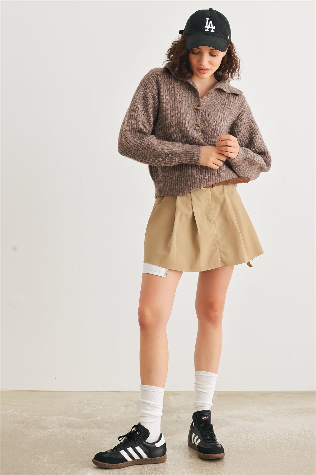 Brown Wool Knit Button-Up Neck Crop Sweater Pullover /2-2-1