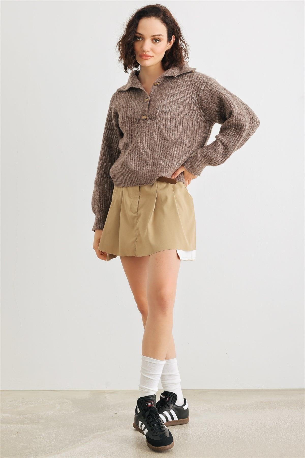 Brown Wool Knit Button-Up Neck Crop Sweater Pullover /2-2-1