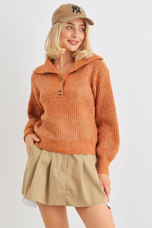 Rust Wool Knit Button-Up Neck Crop Sweater Pullover /1-2-1