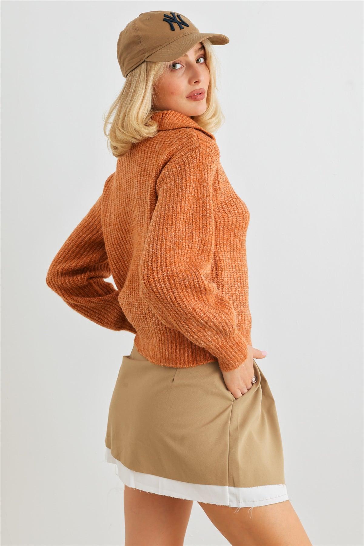 Rust Wool Knit Button-Up Neck Crop Sweater Pullover /1-2-1