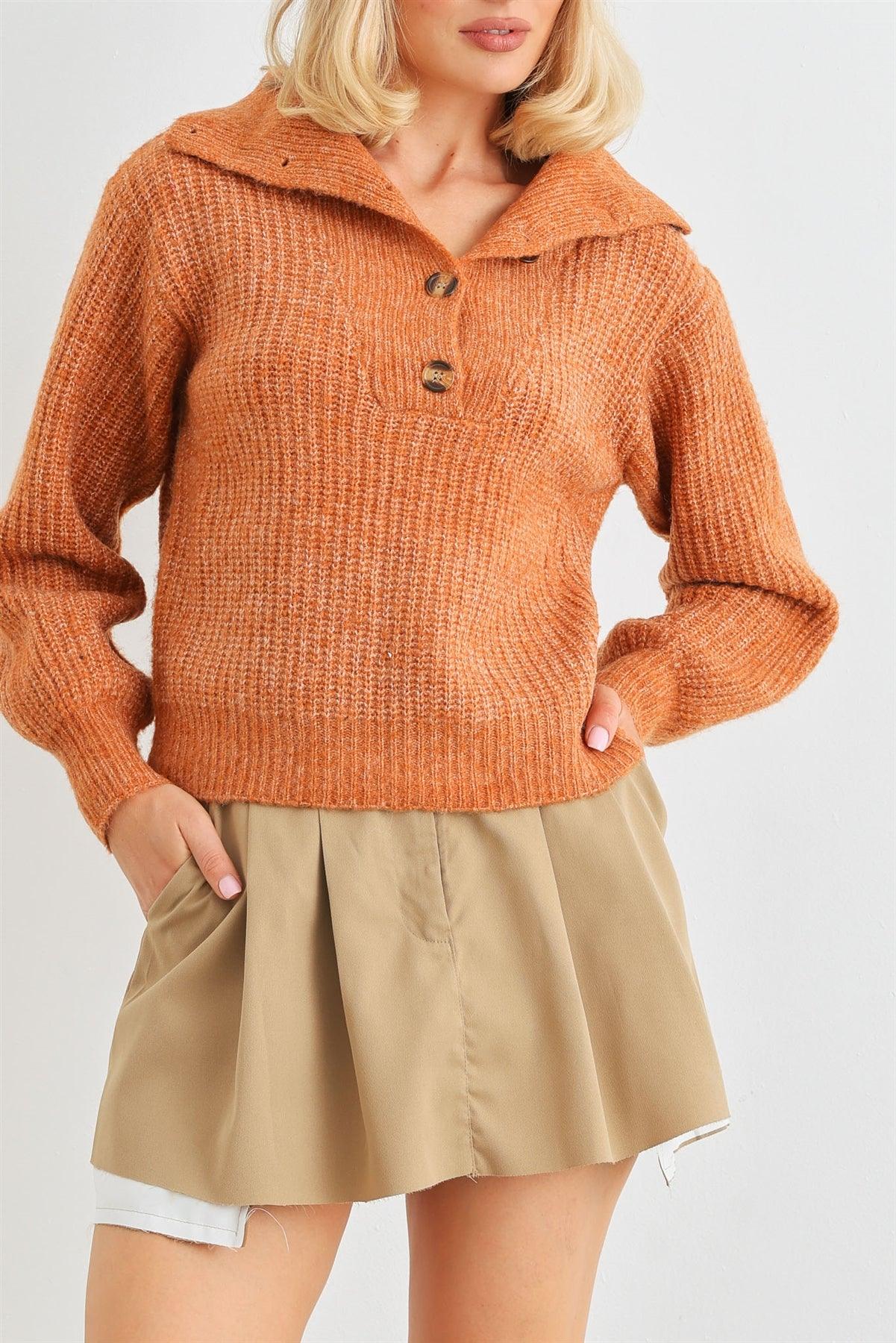 Rust Wool Knit Button-Up Neck Crop Sweater Pullover /1-2-1