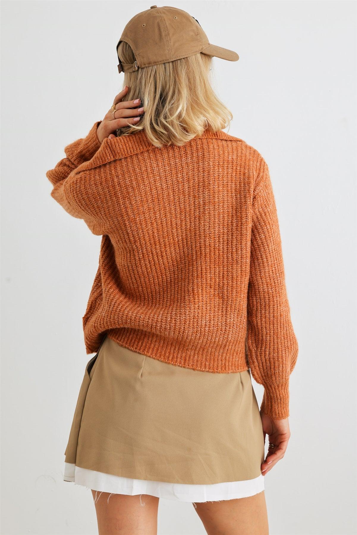 Rust Wool Knit Button-Up Neck Crop Sweater Pullover /1-2-1