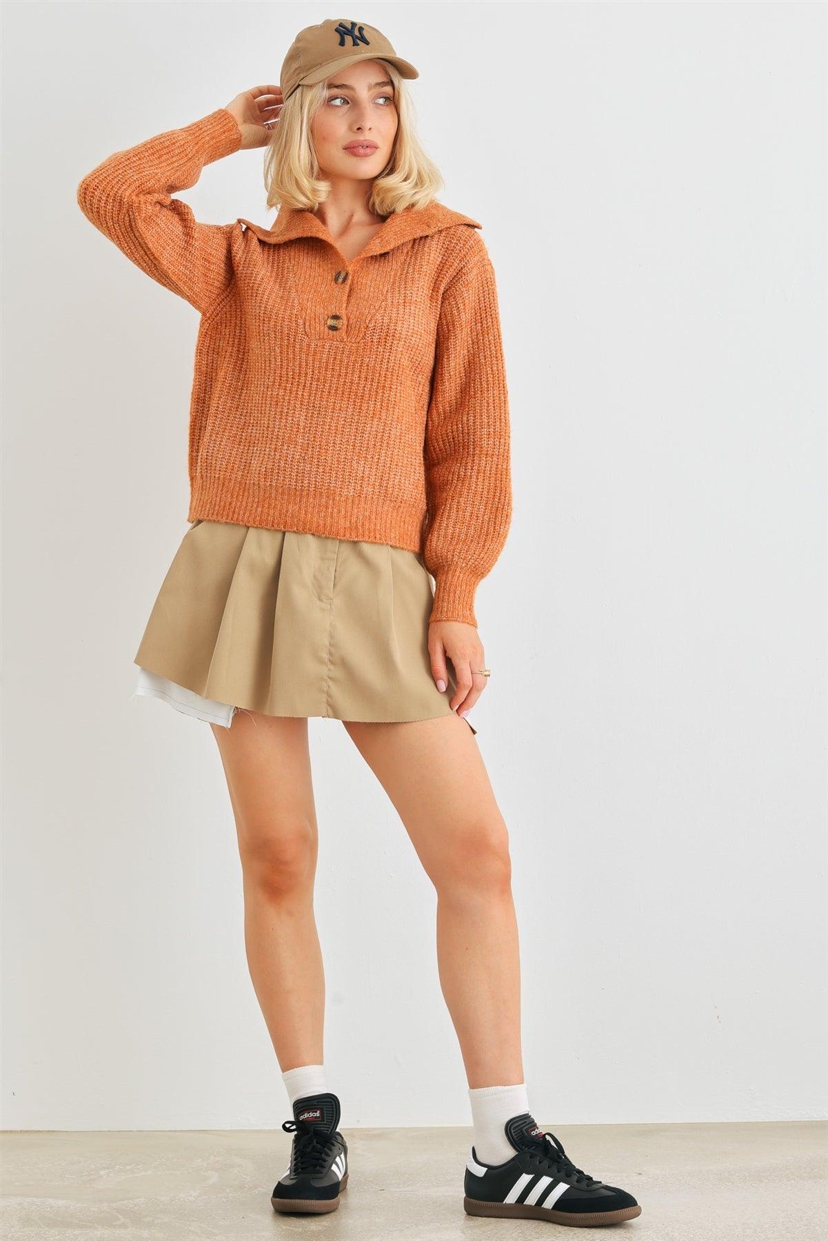 Rust Wool Knit Button-Up Neck Crop Sweater Pullover /1-2-1