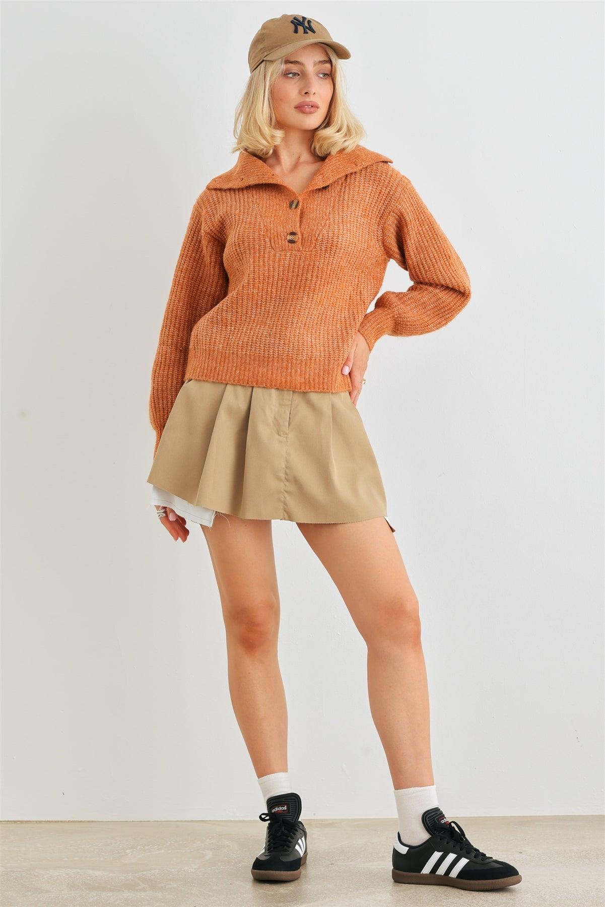 Rust Wool Knit Button-Up Neck Crop Sweater Pullover /1-2-1