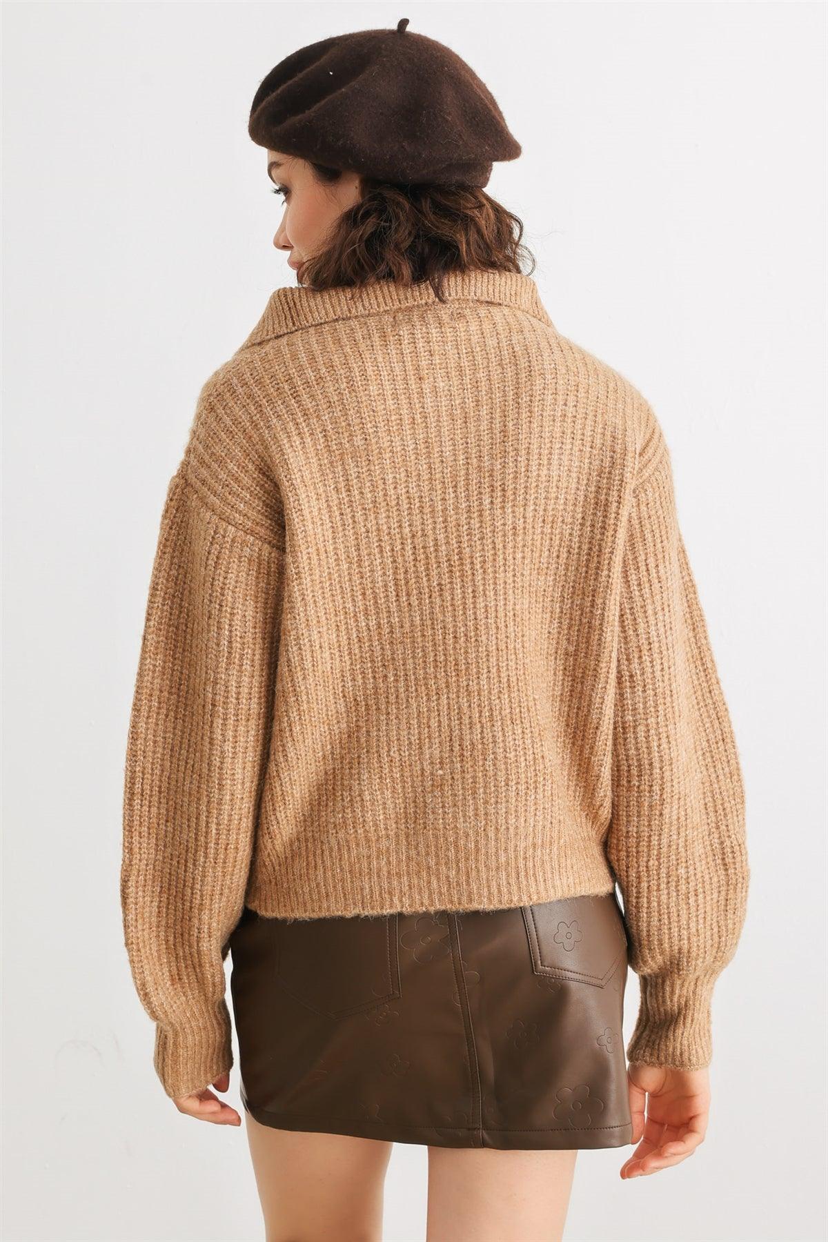 Taupe Wool Knit Button-Up Neck Crop Sweater Pullover /3-1