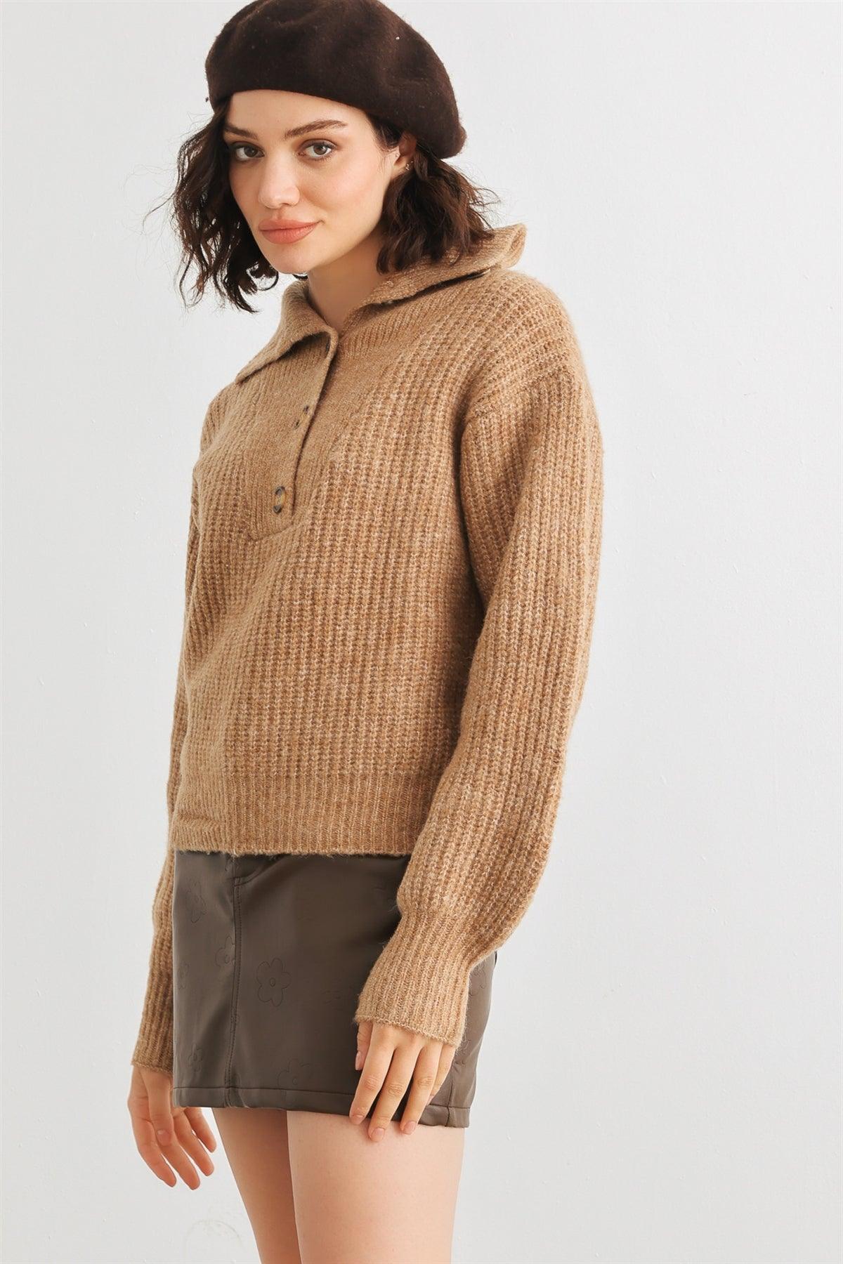 Taupe Wool Knit Button-Up Neck Crop Sweater Pullover /3-1