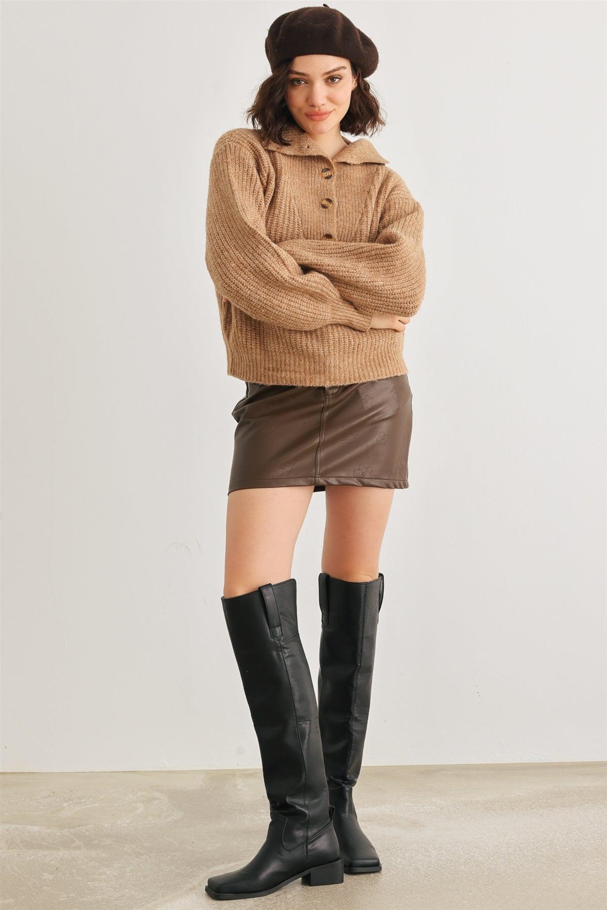 Taupe Wool Knit Button-Up Neck Crop Sweater Pullover /3-1