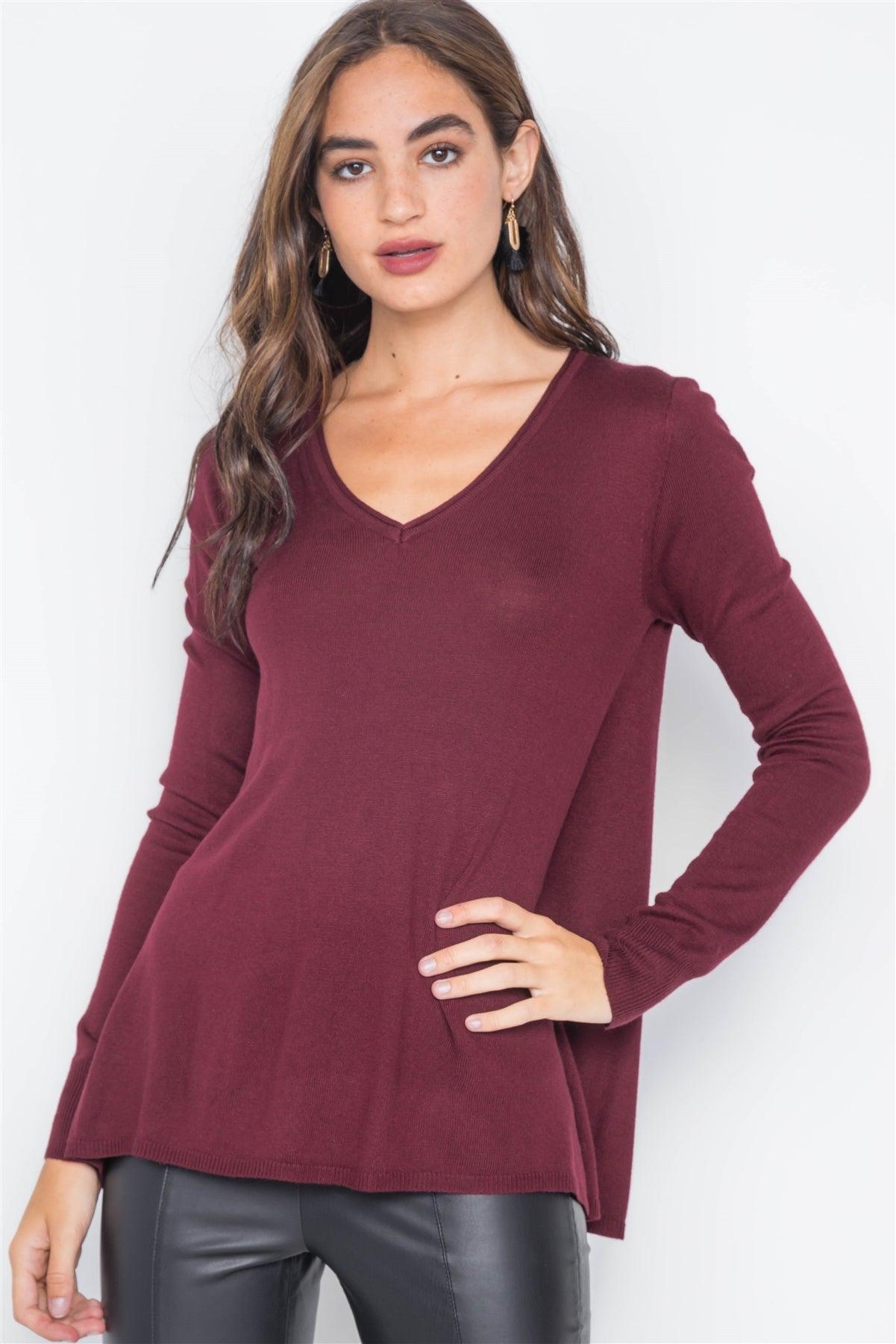 Burgundy Knit Casual V-Neck Solid Sweater /2-2-2