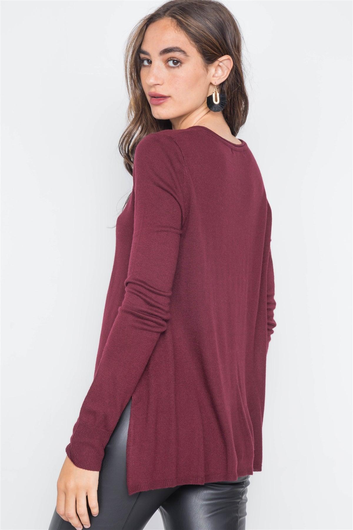 Burgundy Knit Casual V-Neck Solid Sweater /2-2-2