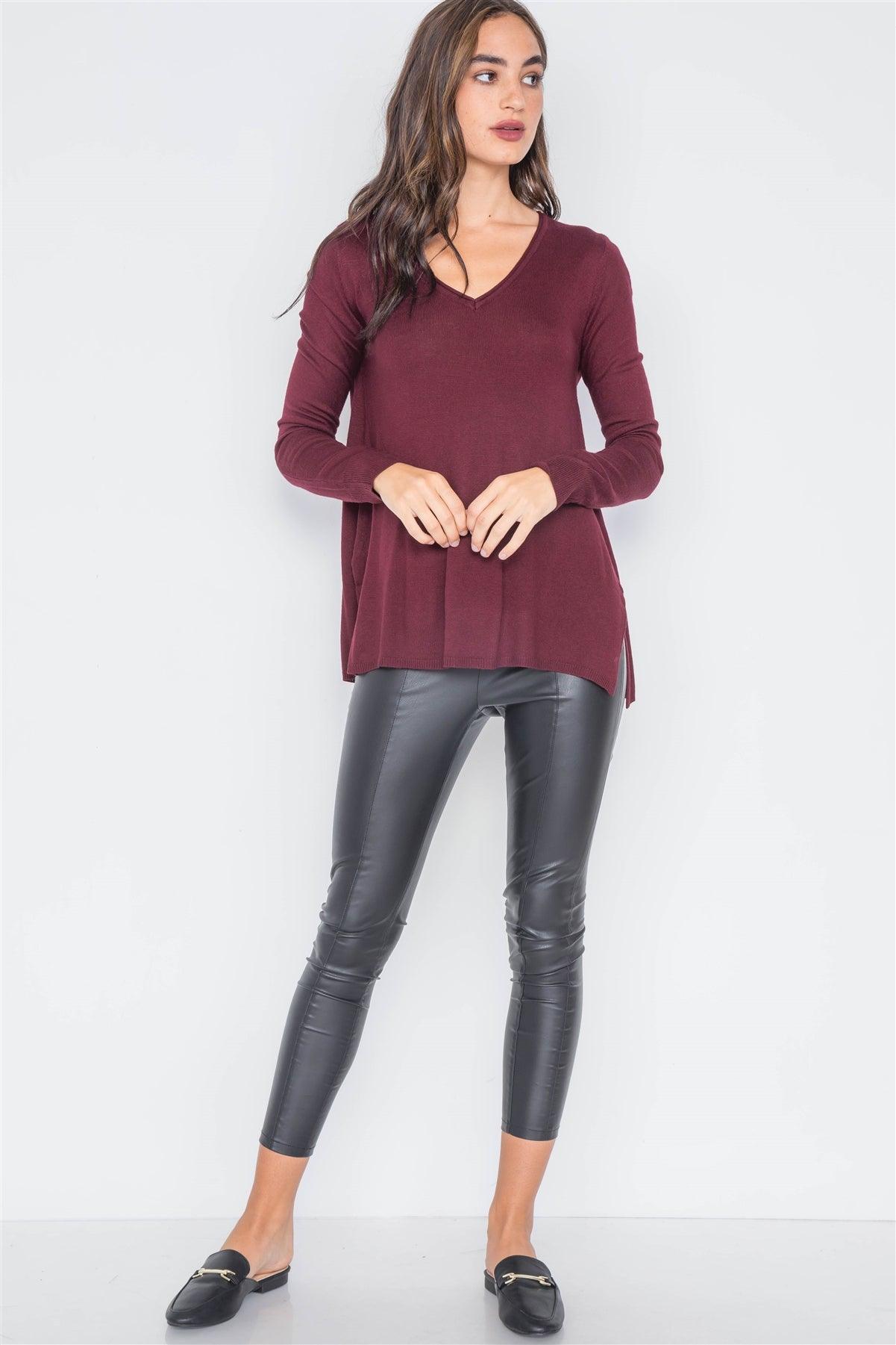 Burgundy Knit Casual V-Neck Solid Sweater /2-2-2