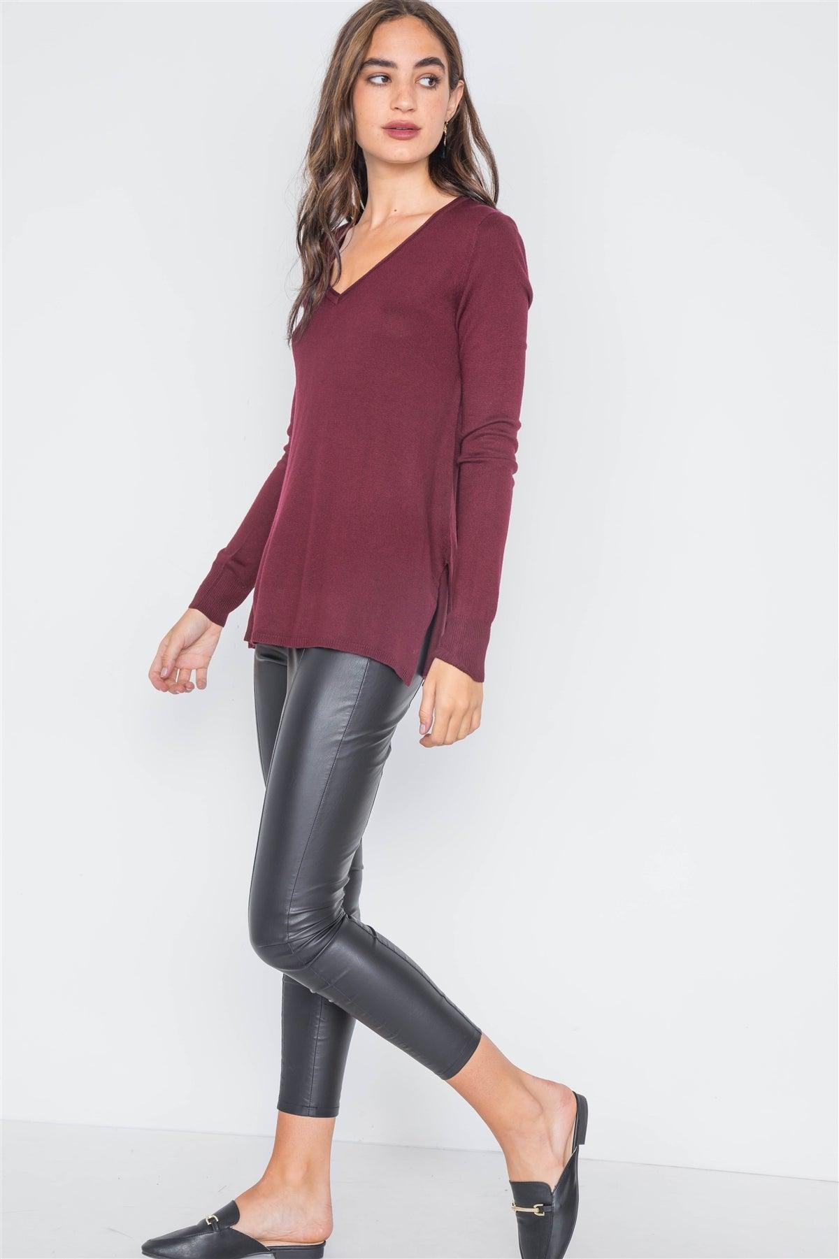 Burgundy Knit Casual V-Neck Solid Sweater /2-2-2