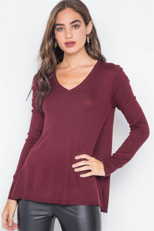 Burgundy Knit Casual V-Neck Solid Sweater