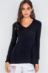 Black Knit V-Neck Casual Solid Long Sleeve Sweater /2-2-2