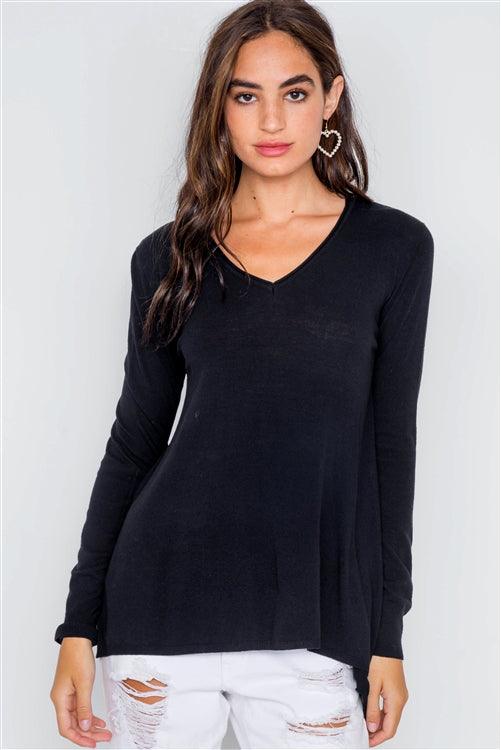 Black Knit V-Neck Casual Solid Long Sleeve Sweater /2-2-2