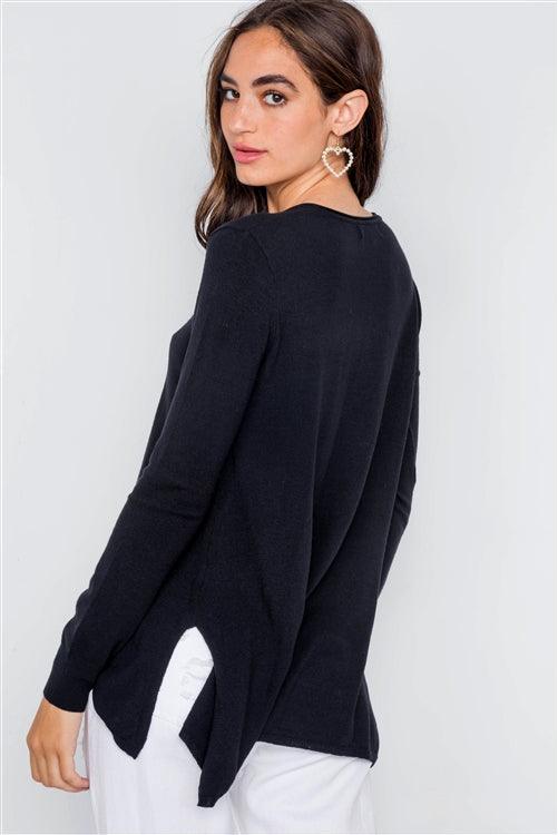 Black Knit V-Neck Casual Solid Long Sleeve Sweater /2-2-2