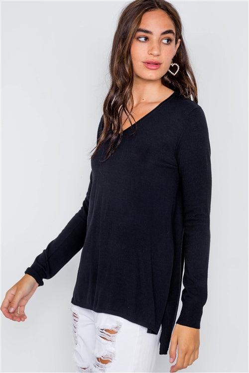 Black Knit V-Neck Casual Solid Long Sleeve Sweater /2-2-2