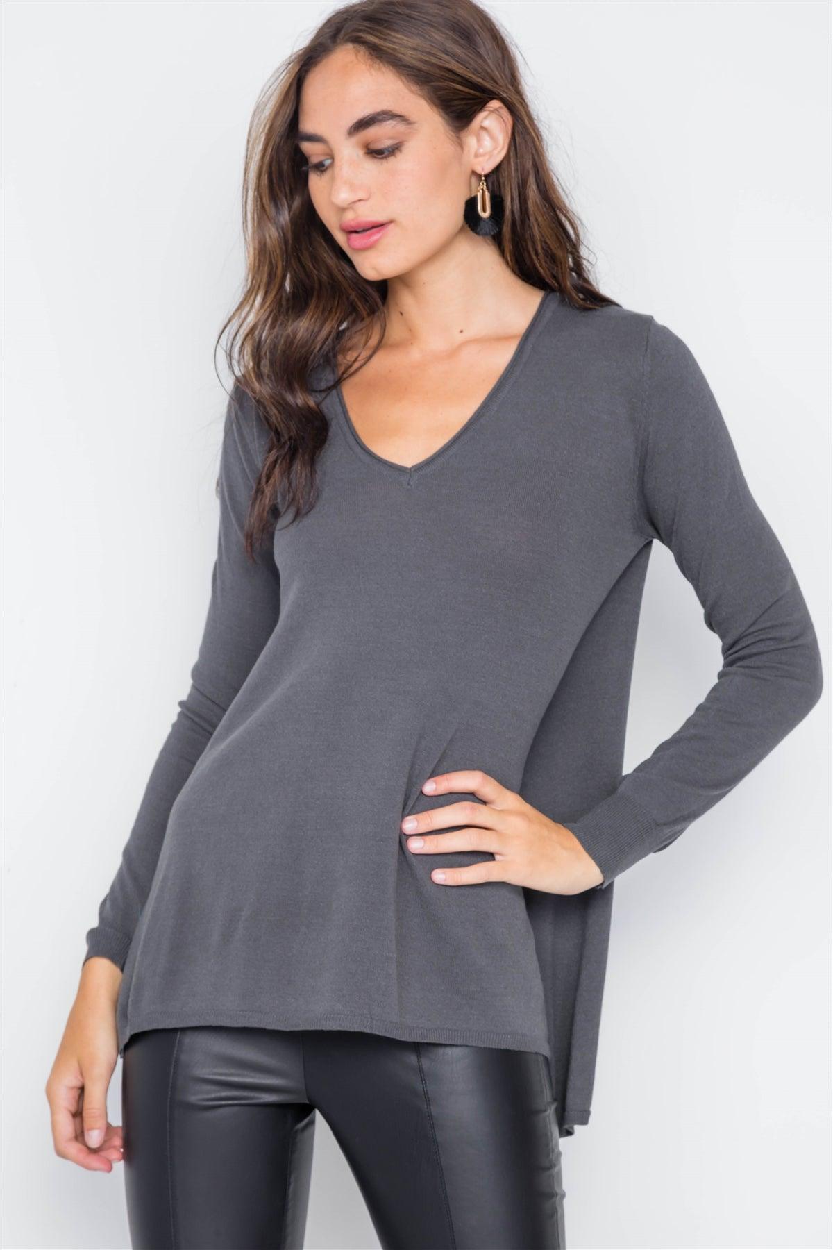 Charcoal Knit V-Neck Casual Solid Long Sleeve Sweater /2-2-2