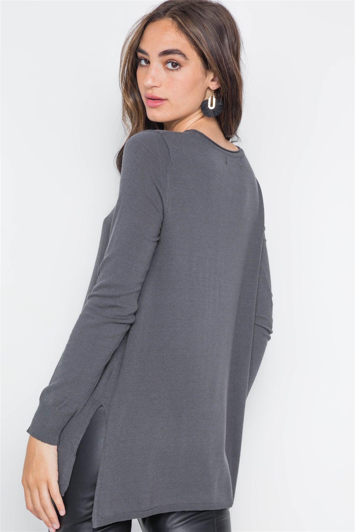 Charcoal Knit V-Neck Casual Solid Long Sleeve Sweater /2-2-2