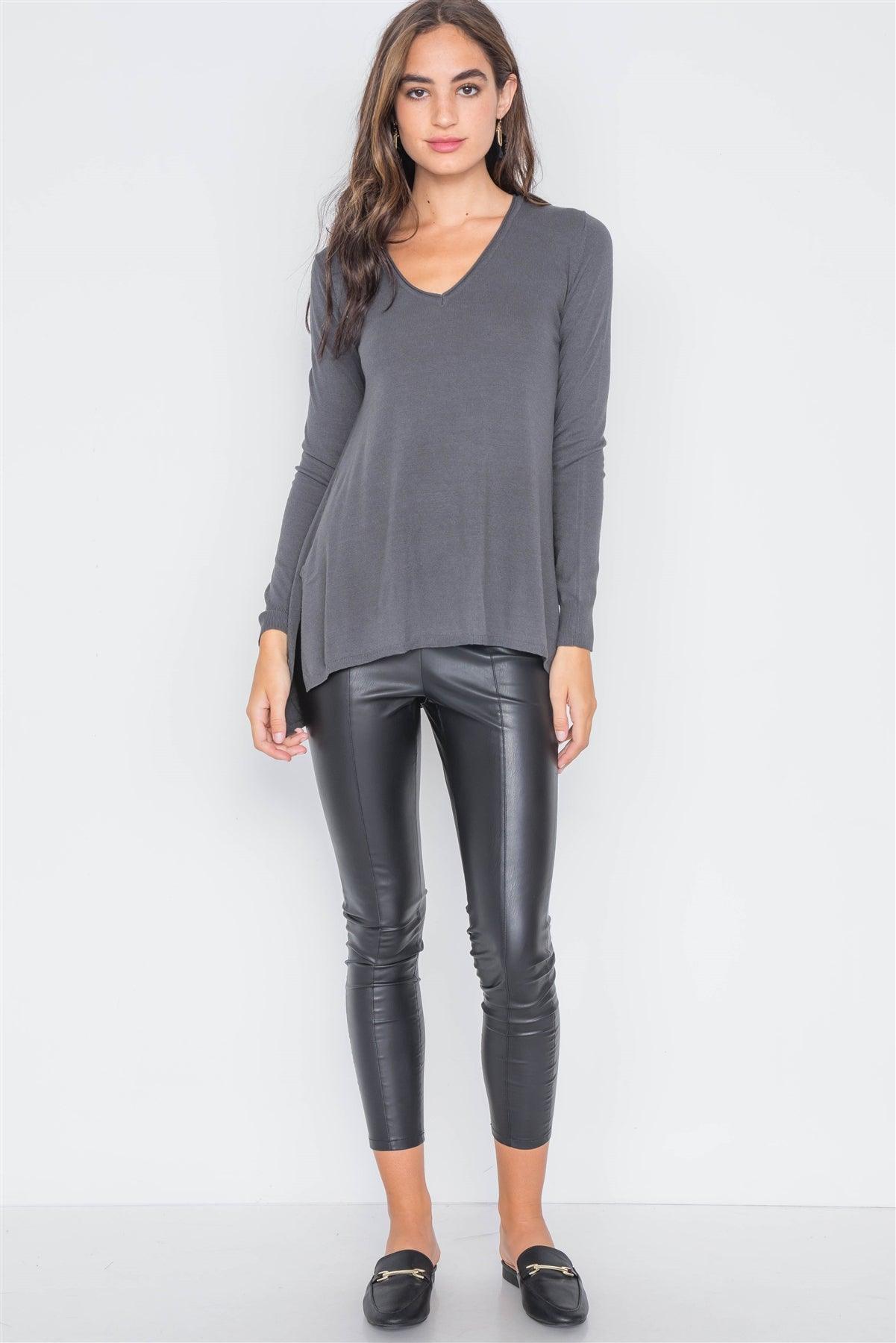 Charcoal Knit V-Neck Casual Solid Long Sleeve Sweater /2-2-2