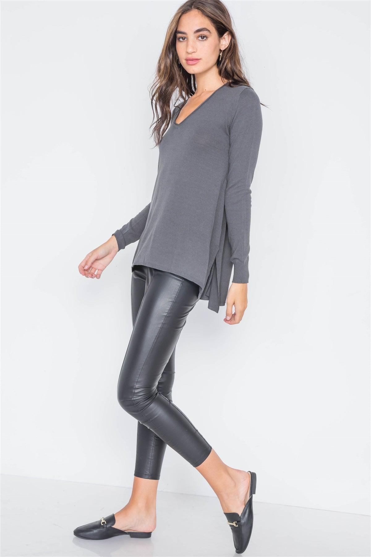 Charcoal Knit V-Neck Casual Solid Long Sleeve Sweater /2-2-2