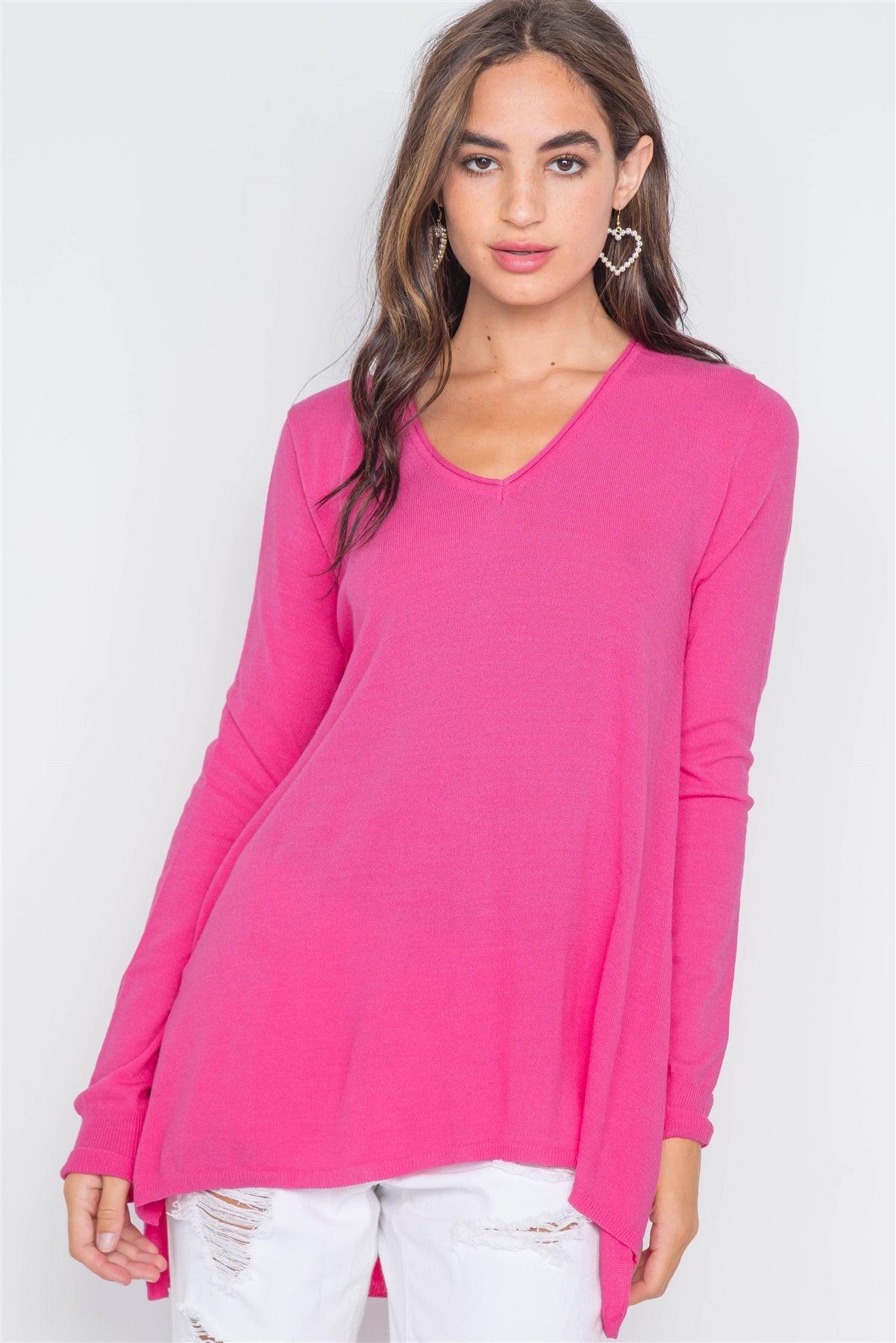 Hot Pink Knit V-Neck Casual Solid Long Sleeve Sweater /2-2-2