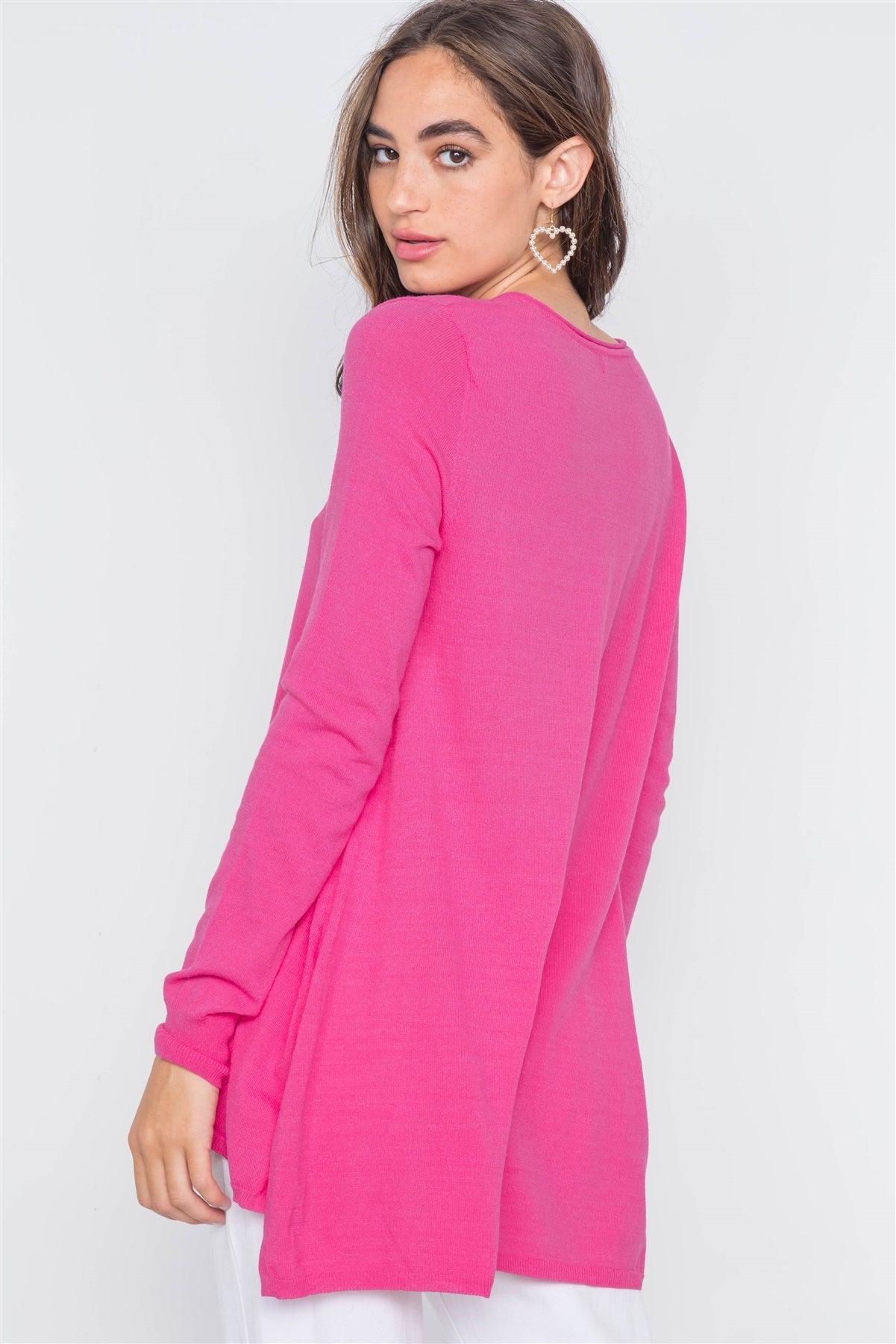 Hot Pink Knit V-Neck Casual Solid Long Sleeve Sweater /2-2-2