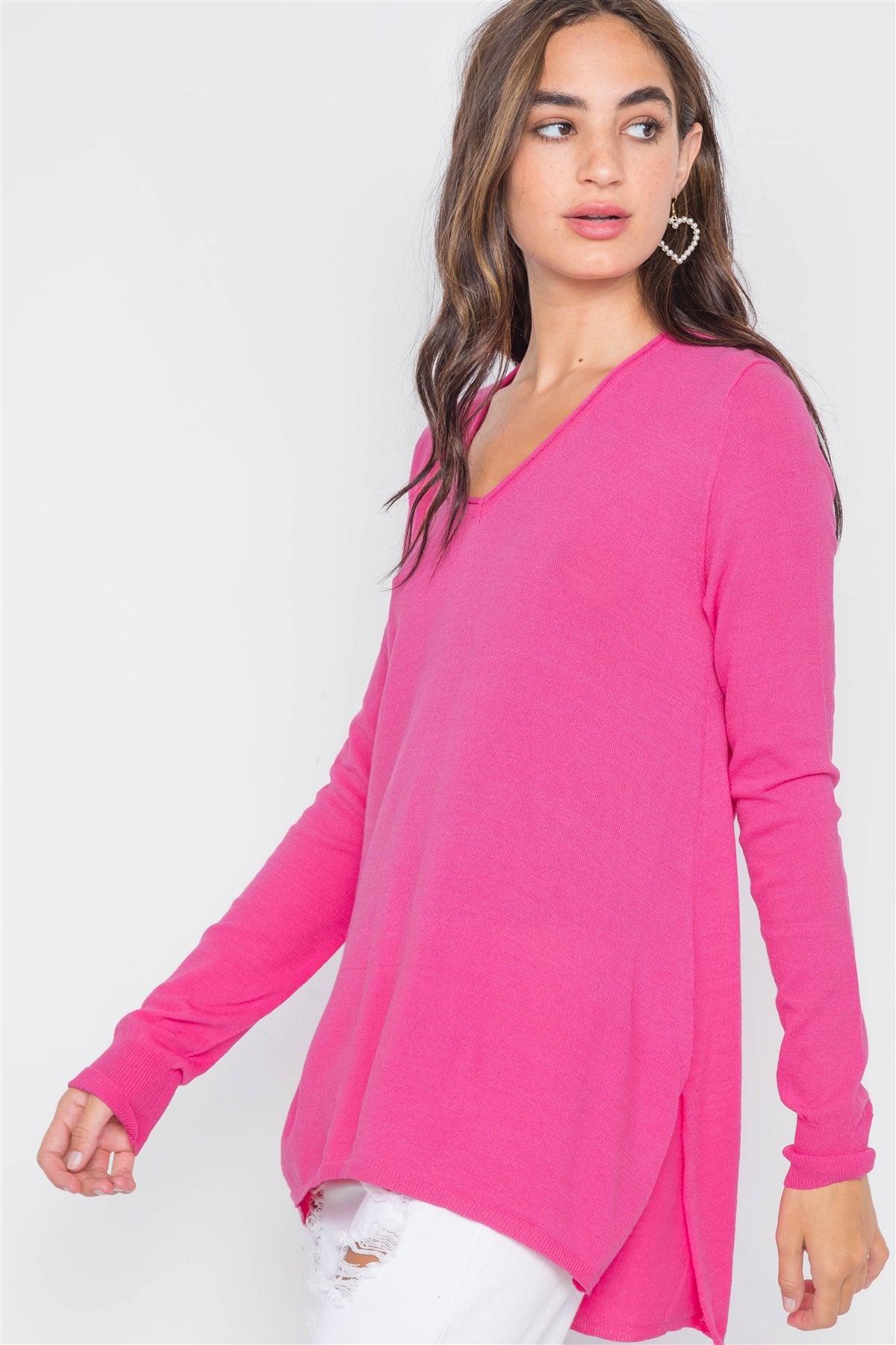 Hot Pink Knit V-Neck Casual Solid Long Sleeve Sweater /2-2-2